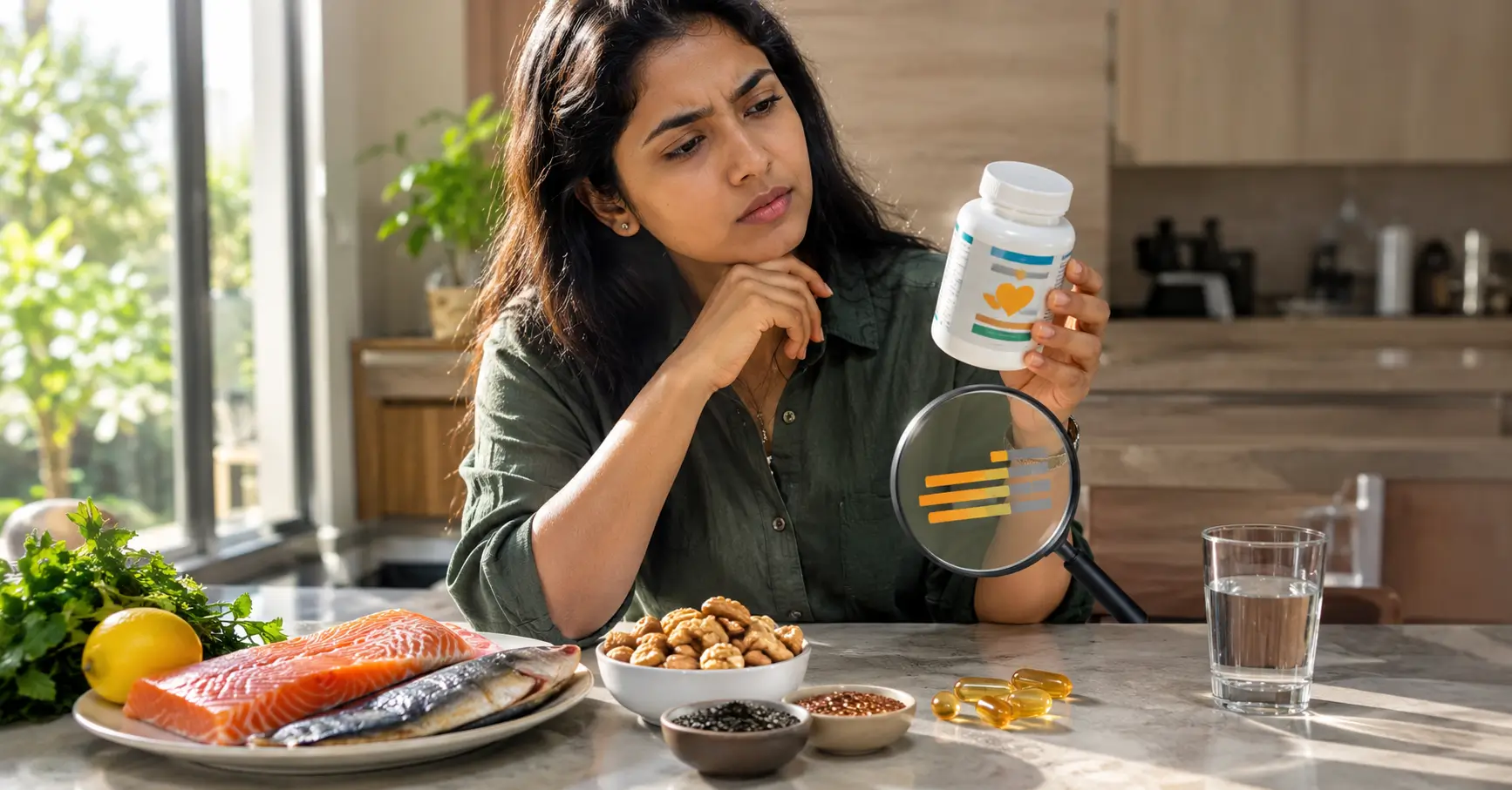 Young adult comparing generic omega-3 capsules with fish and plant-based omega-3 foods in a modern kitchen