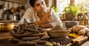 Dried Pippali Indian long pepper spice beside Pippali powder in a kitchen