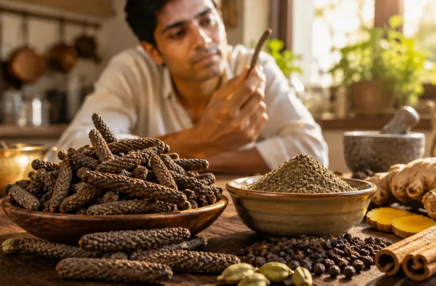 Dried Pippali Indian long pepper spice beside Pippali powder in a kitchen