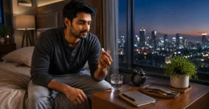 Indian adult following a calm bedtime routine with a sleep supplement and journal