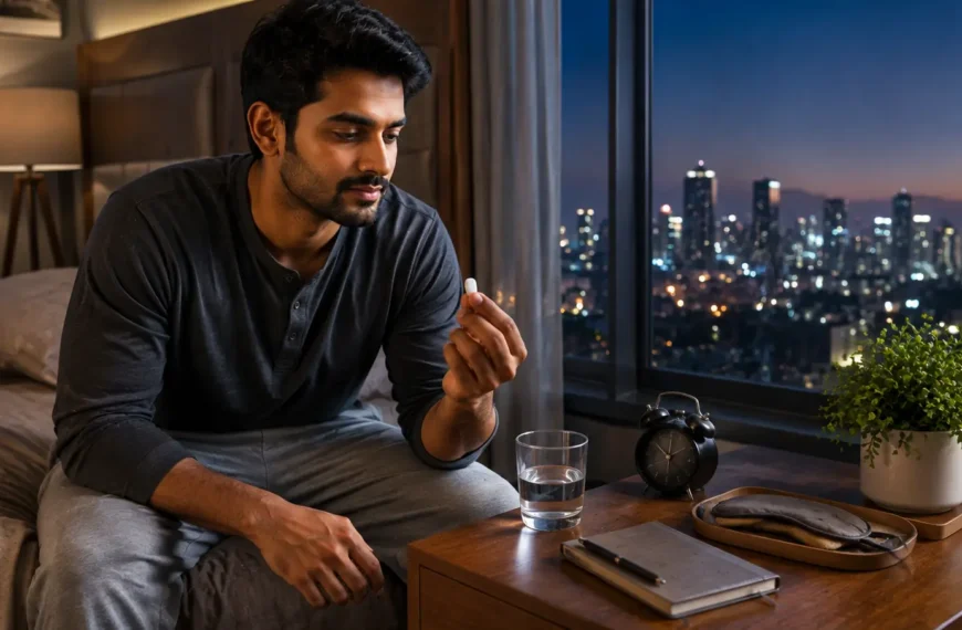 Indian adult following a calm bedtime routine with a sleep supplement and journal