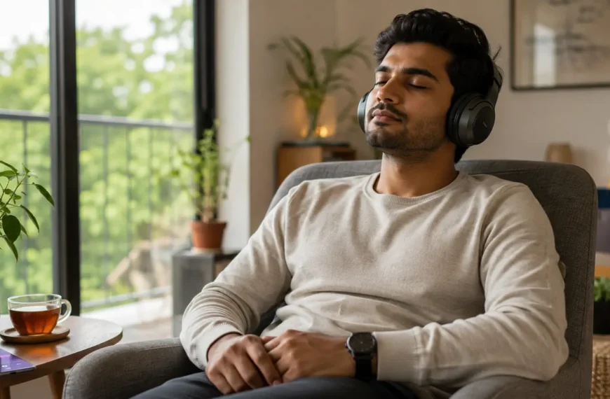 Indian young adult listening to relaxing music through headphones for stress relief at home