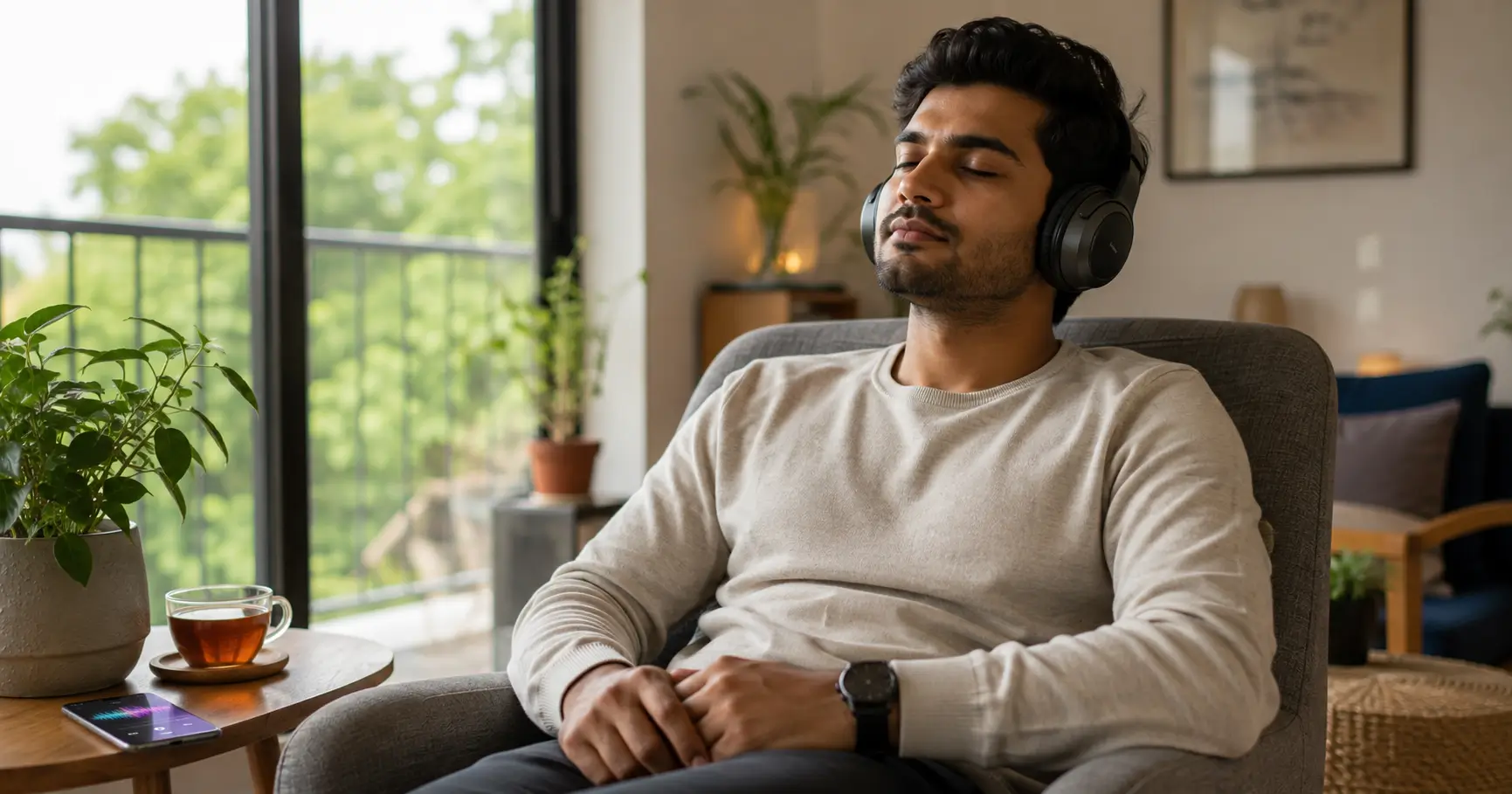 Indian young adult listening to relaxing music through headphones for stress relief at home