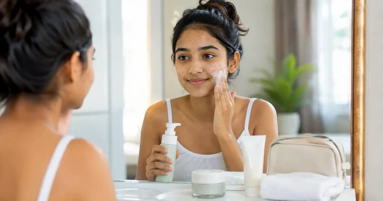 Teenage Indian girl following a simple skincare routine with cleanser, moisturizer and sunscreen