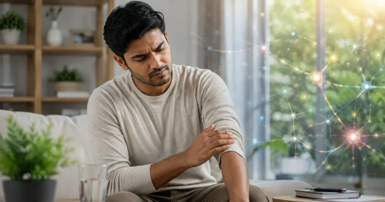 Indian adult reflecting on possible nervous system symptoms in a modern wellness setting