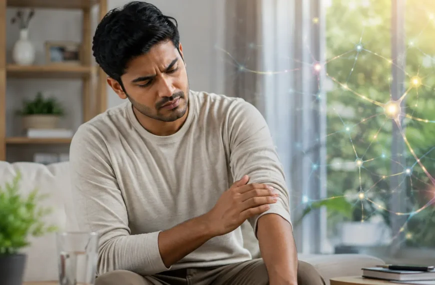 Indian adult reflecting on possible nervous system symptoms in a modern wellness setting