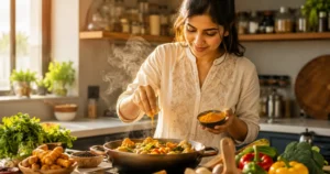 Young Indian adult adding turmeric powder to a healthy meal in a bright modern kitchen
