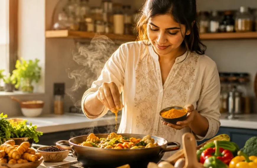 Young Indian adult adding turmeric powder to a healthy meal in a bright modern kitchen