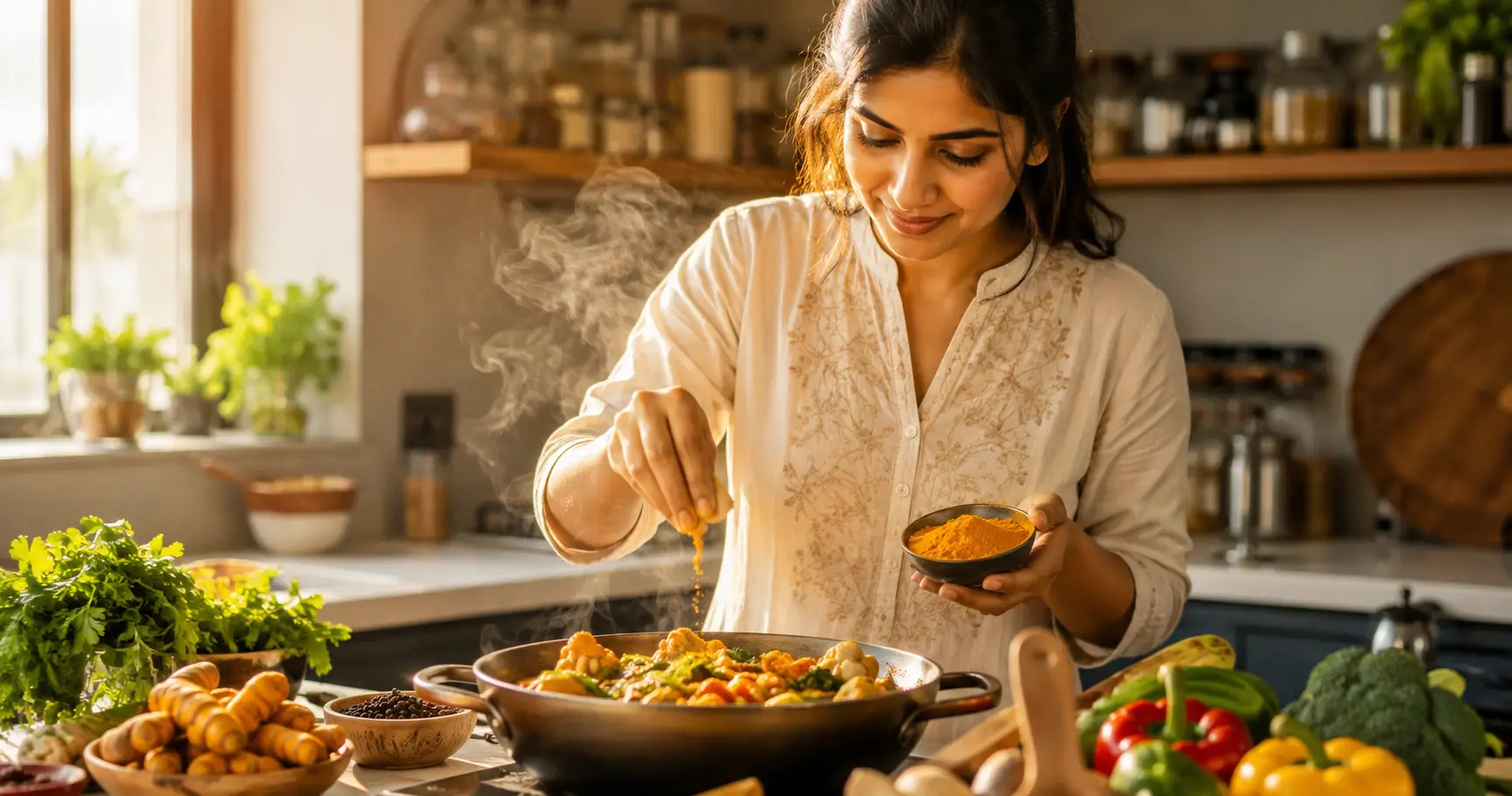 Young Indian adult adding turmeric powder to a healthy meal in a bright modern kitchen