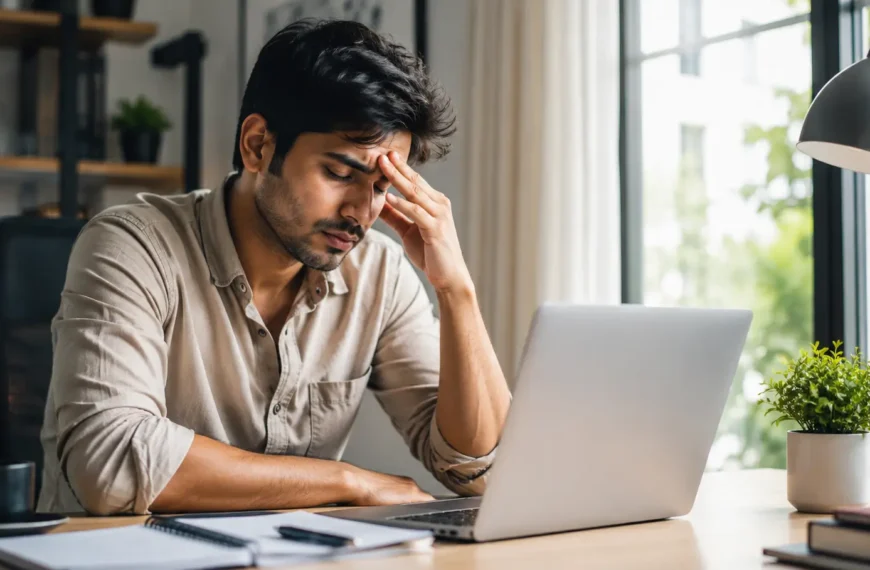 Indian young adult experiencing workplace stress while sitting at a modern home workspace