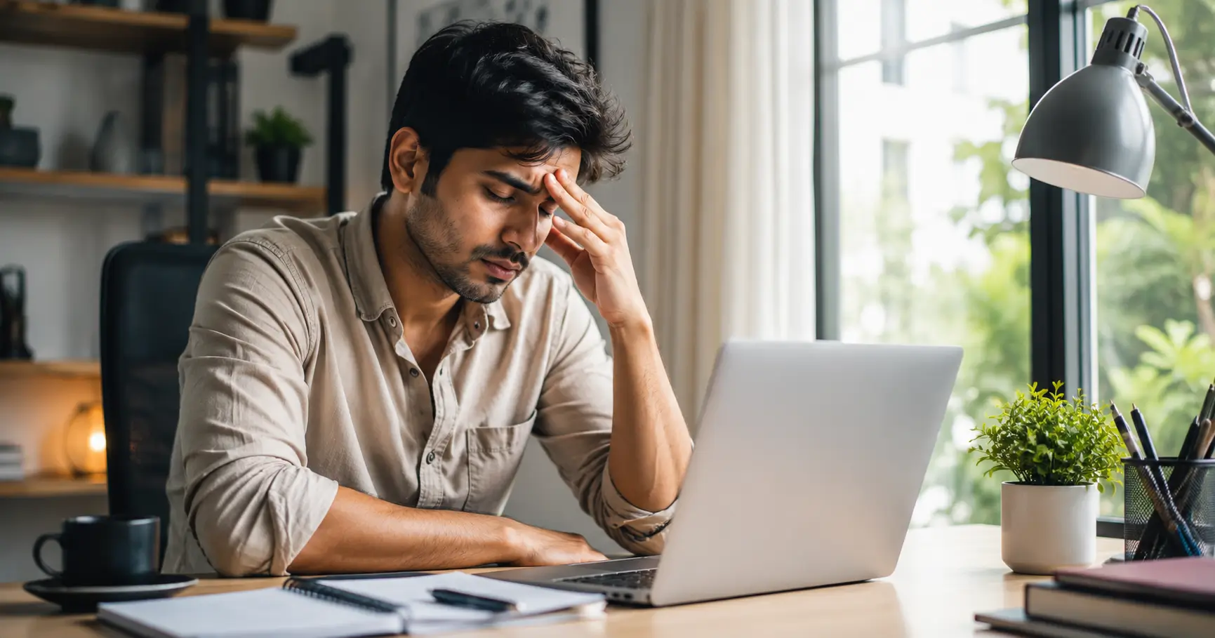 Indian young adult experiencing workplace stress while sitting at a modern home workspace
