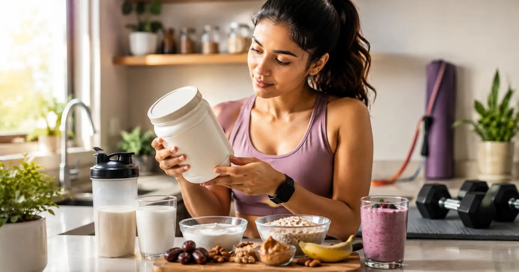 Indian woman comparing a weight gain nutrition powder with healthy calorie-dense foods in a modern kitchen