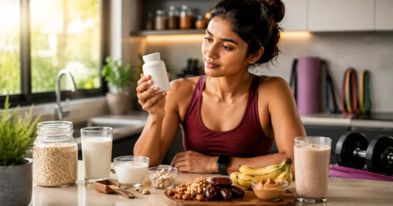 Indian woman carefully evaluating weight gain tablets beside nutritious foods in a modern kitchen