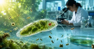 Microscopic-inspired Euglena representing mixotrophic nutrition through photosynthesis and heterotrophic feeding