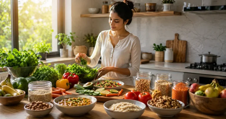 Whole Food Diet: What to Eat, What to Limit and How to Start 2 Indian adult preparing a colorful whole food meal with vegetables, lentils, fruit and whole grains