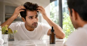 Young Indian adult examining hairline beside a hair growth serum in a bright bathroom