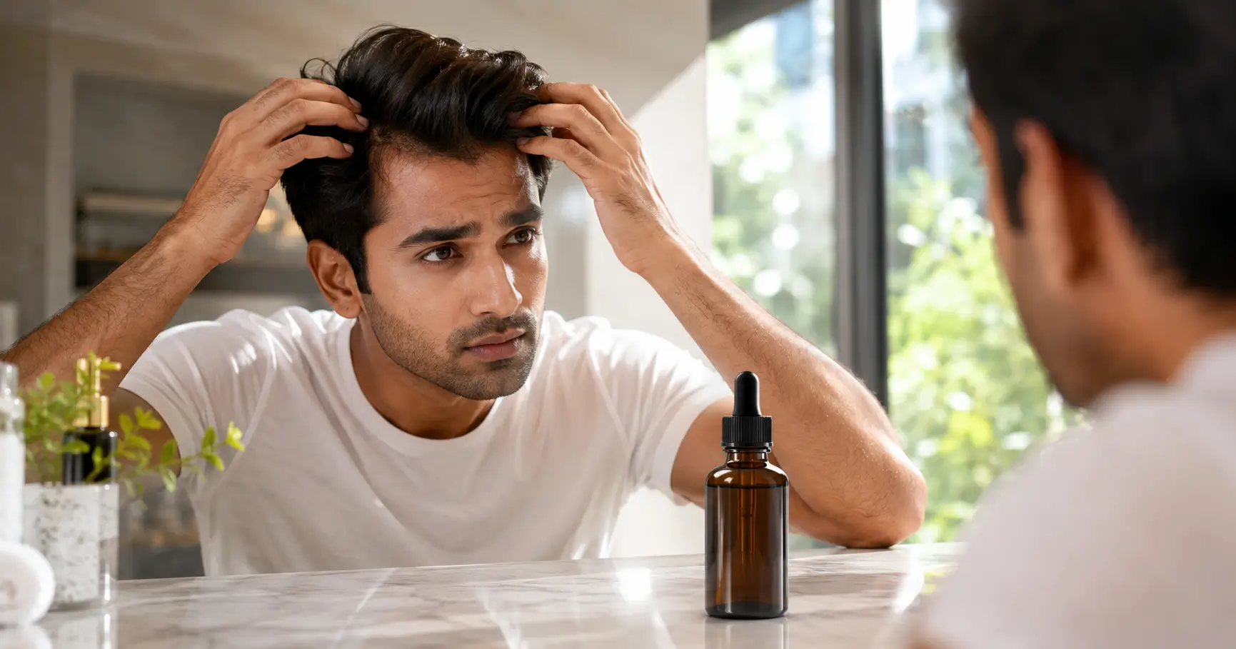 Young Indian adult examining hairline beside a hair growth serum in a bright bathroom