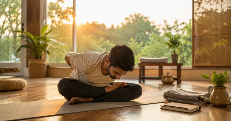 Indian adult practicing Yog Mudra in a calm contemporary yoga studio