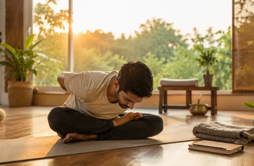 Indian adult practicing Yog Mudra in a calm contemporary yoga studio