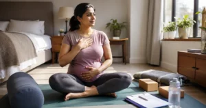 Woman practicing gentle yoga after embryo transfer in a bright wellness setting