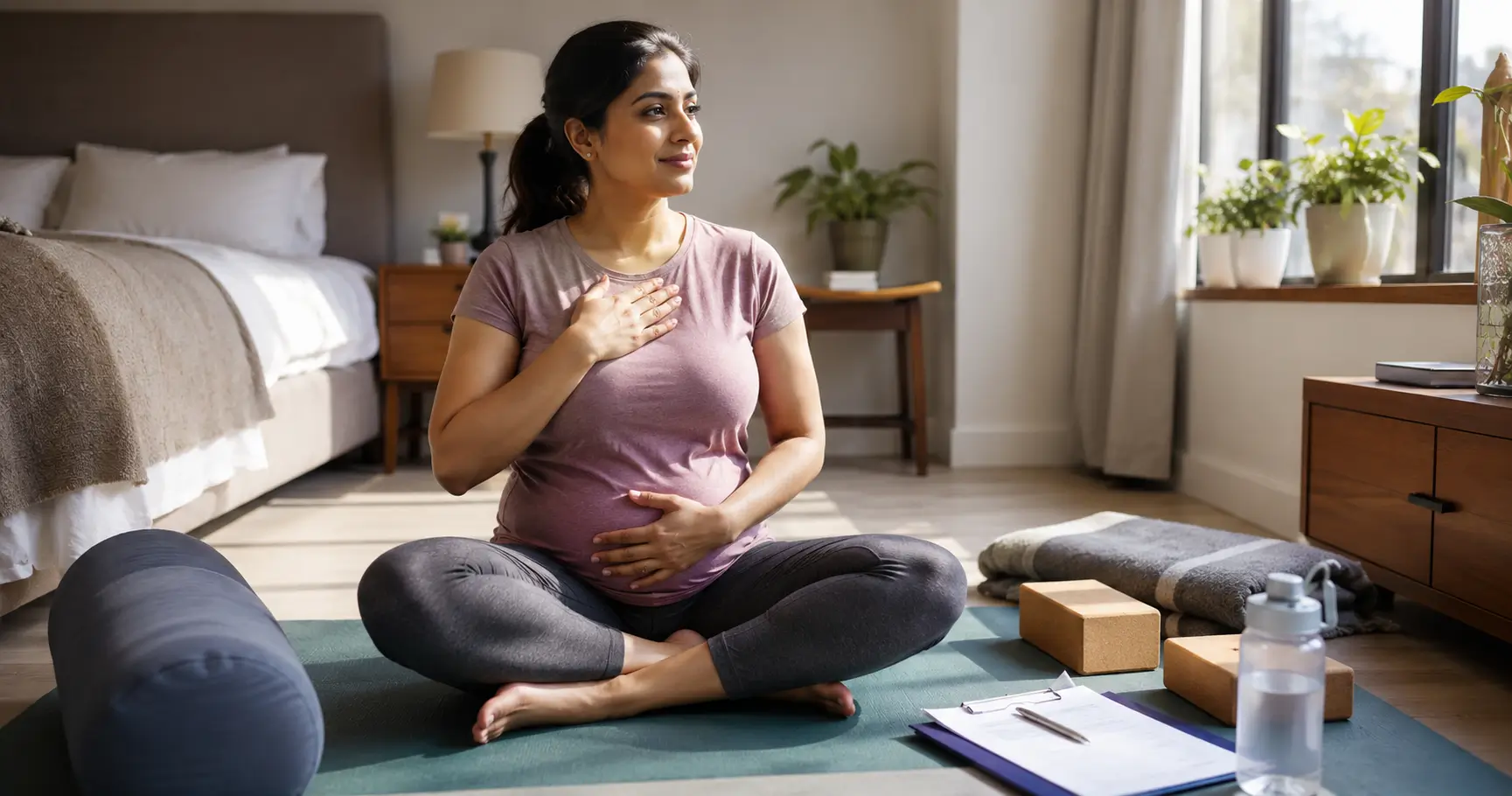 Yoga After Embryo Transfer: What’s Safe—and What to Avoid 1 Woman practicing gentle yoga after embryo transfer in a bright wellness setting
