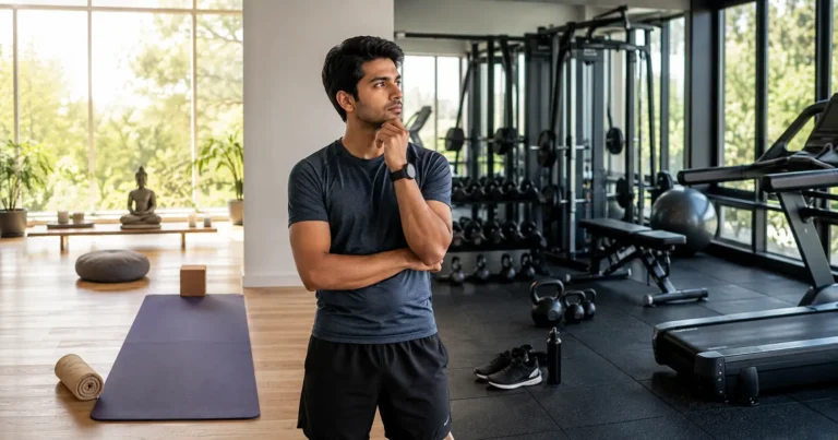 Yoga vs Exercise: The Real Winner Depends on Your Goal 4 Indian adult comparing yoga and conventional exercise in a modern fitness studio