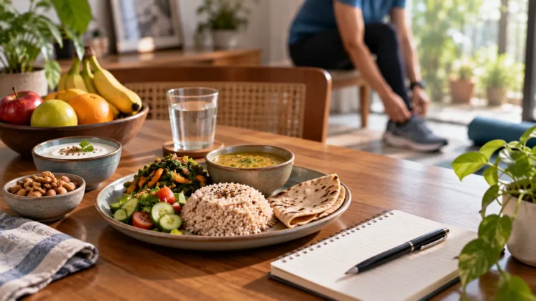 Balanced Indian meal with dal, vegetables, roti, fruit and water representing a sustainable approach to weight loss