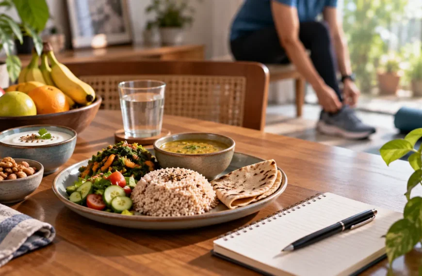 Balanced Indian meal with dal, vegetables, roti, fruit and water representing a sustainable approach to weight loss