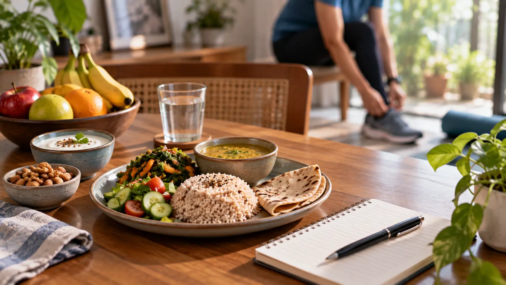 Balanced Indian meal with dal, vegetables, roti, fruit and water representing a sustainable approach to weight loss