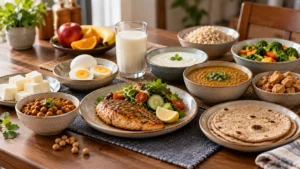 Indian dining table with eggs, paneer, curd, milk, dal, chicken, fish and other protein-containing foods