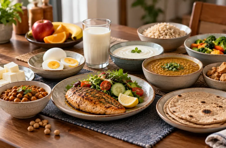 Indian dining table with eggs, paneer, curd, milk, dal, chicken, fish and other protein-containing foods