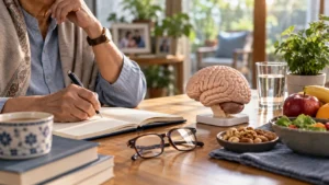 Older Indian adult represented by hands beside a notebook, healthy foods and a subtle brain-health model in a calm home setting.