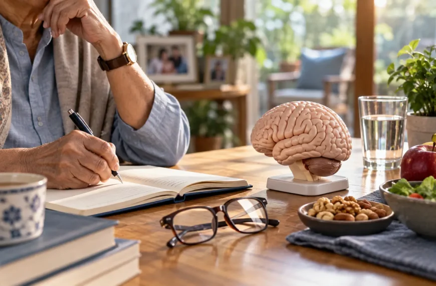 Older Indian adult represented by hands beside a notebook, healthy foods and a subtle brain-health model in a calm home setting.