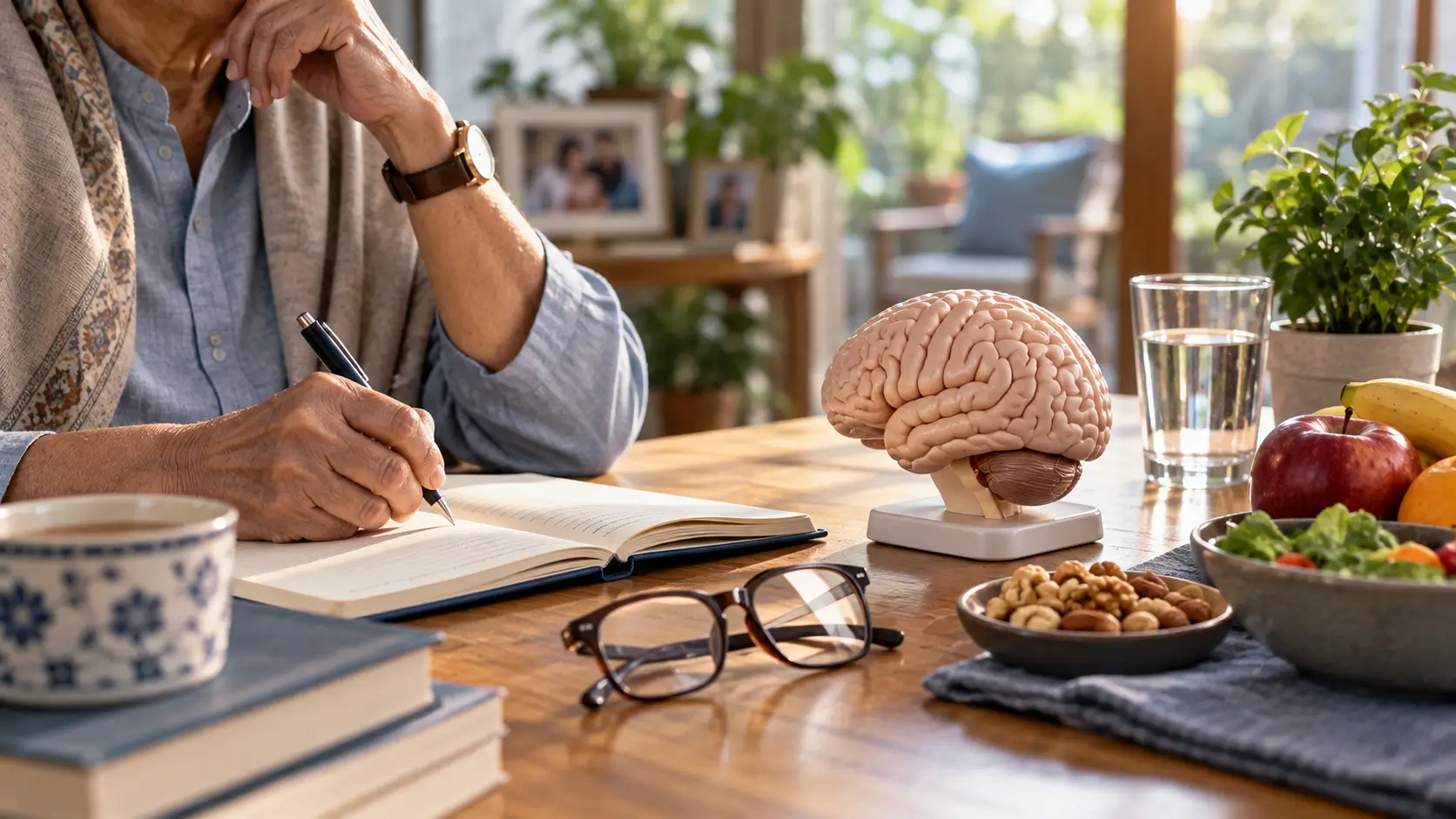Older Indian adult represented by hands beside a notebook, healthy foods and a subtle brain-health model in a calm home setting.