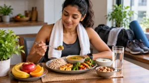 Indian athlete with a balanced meal containing rice, dal, curd, vegetables, fruit and other nutrient-rich foods after exercise.