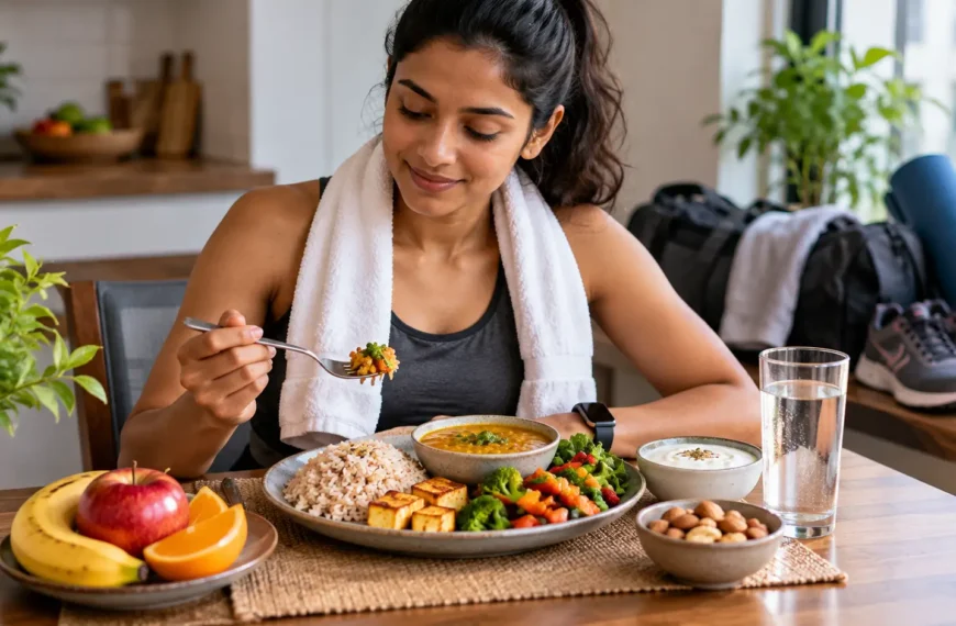 Indian athlete with a balanced meal containing rice, dal, curd, vegetables, fruit and other nutrient-rich foods after exercise.