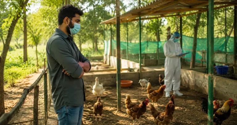 Indian public-health worker safely examining poultry during a bird flu surveillance inspection