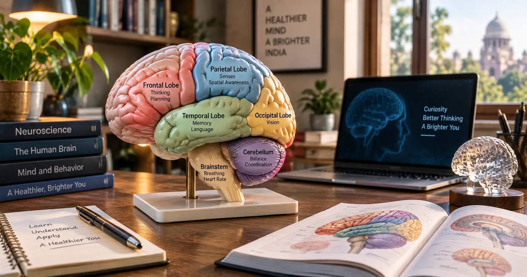 Brain Parts and Functions: A Simple Guide 1 Realistic human brain model showing major brain regions and functions on a study desk.