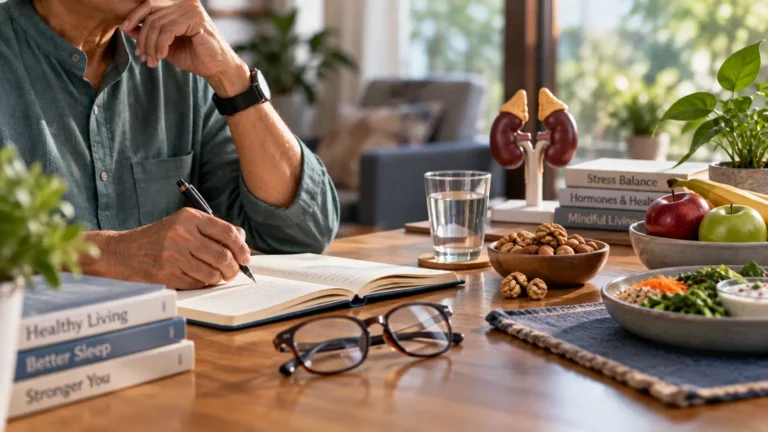 Cortisol: What It Does, How Stress Affects It and When It Matters 2 Indian adult at a wooden table with a notebook, water, fruit, walnuts and a subtle anatomical health model representing cortisol and stress health