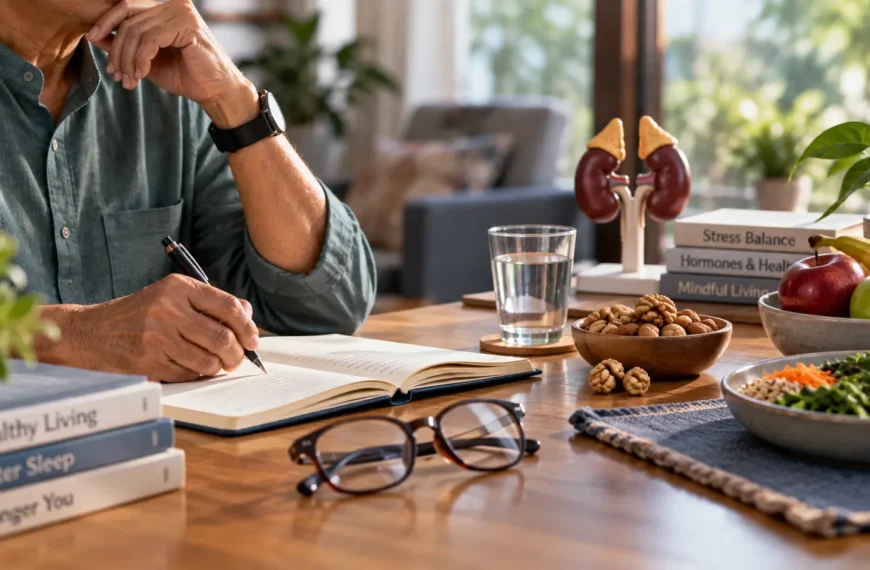 Indian adult at a wooden table with a notebook, water, fruit, walnuts and a subtle anatomical health model representing cortisol and stress health