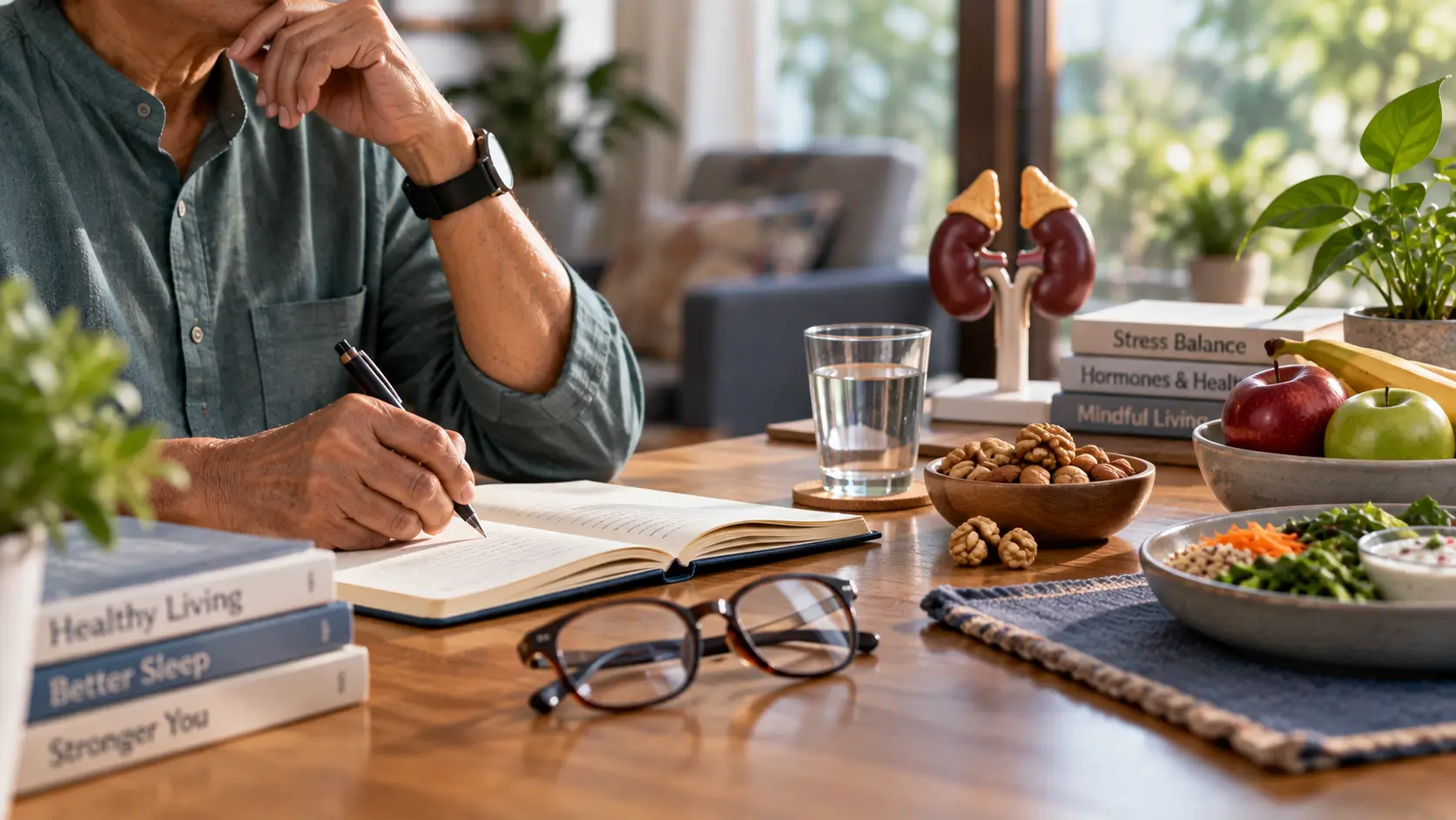 Indian adult at a wooden table with a notebook, water, fruit, walnuts and a subtle anatomical health model representing cortisol and stress health