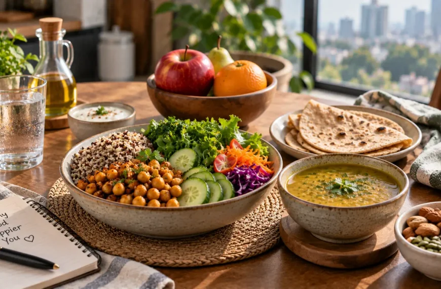 Balanced Indian meal with dal, vegetables, whole grains, fruit, nuts and seeds for a weight-loss diet.