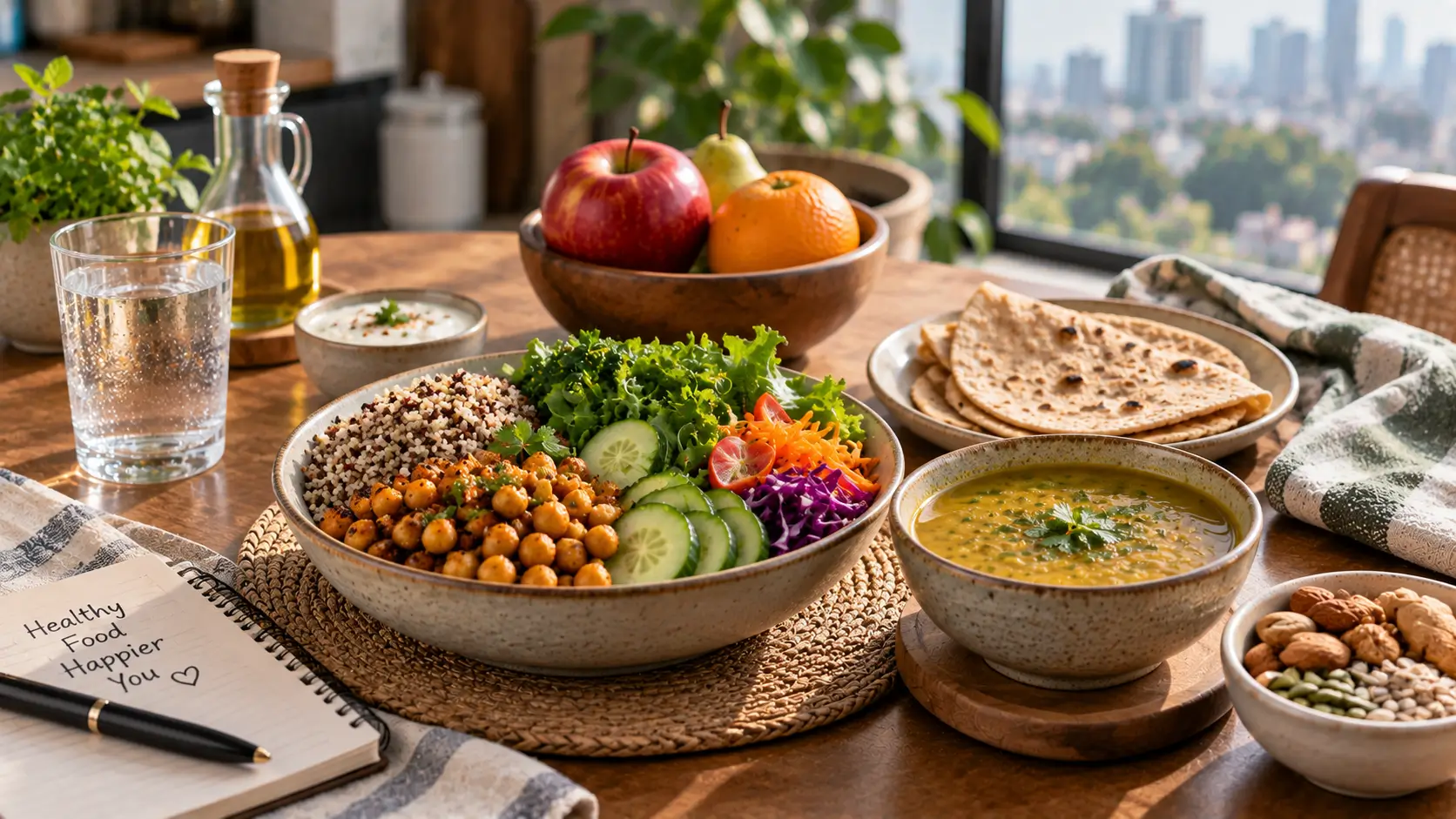 Balanced Indian meal with dal, vegetables, whole grains, fruit, nuts and seeds for a weight-loss diet.