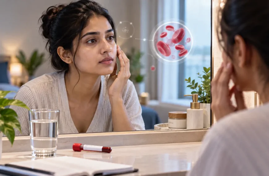 Indian adult examining their face in a mirror while learning about ferritin and iron deficiency.