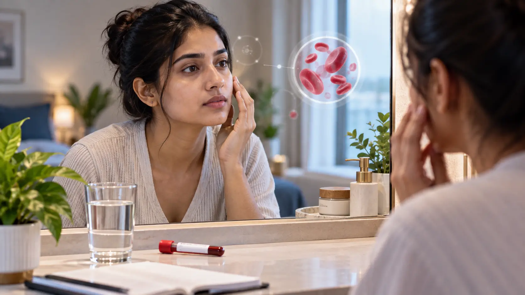 Ferritin Face: Is It Really a Sign of Low Iron? 1 Indian adult examining their face in a mirror while learning about ferritin and iron deficiency.
