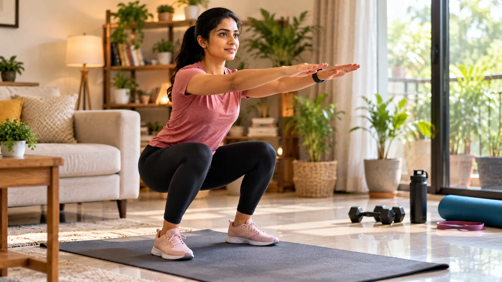 Indian adult performing a bodyweight exercise in a bright contemporary home workout space.