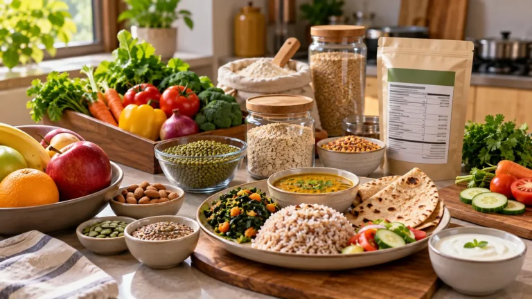 Fresh vegetables, fruits, pulses, grains and a balanced Indian meal arranged on a contemporary kitchen table beside a generic packaged food.