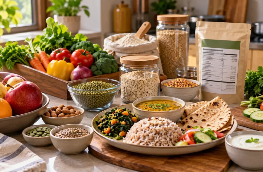 Fresh vegetables, fruits, pulses, grains and a balanced Indian meal arranged on a contemporary kitchen table beside a generic packaged food.