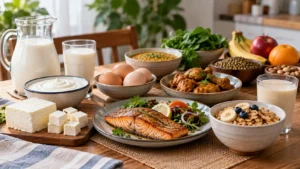 Fish, eggs, milk, curd, paneer and other foods containing vitamin B12 on an Indian dining table