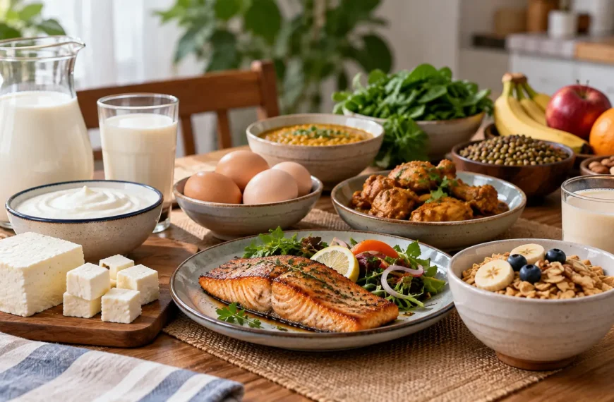 Fish, eggs, milk, curd, paneer and other foods containing vitamin B12 on an Indian dining table